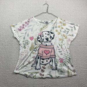 Via Vitale Dalmatian Graphic w/ Floral AOP T-shirt Italy made Women Sz L White